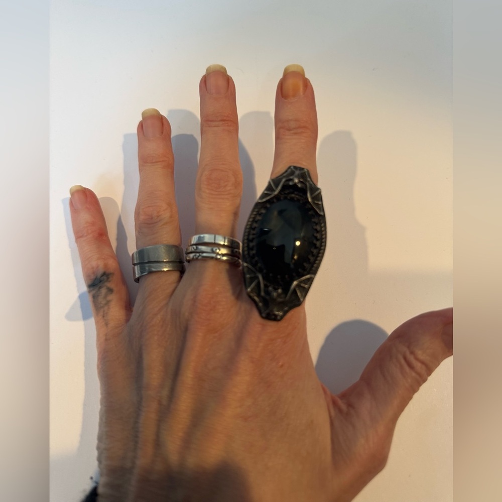 Black and metal handmade adjustable Bat and black glass Ring